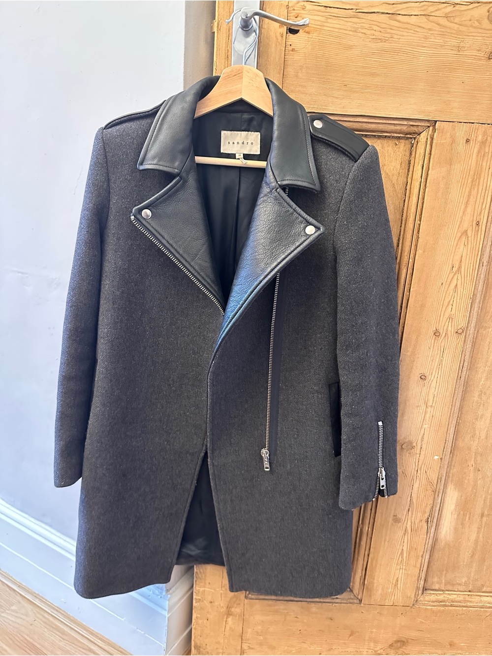 Sandro Charcoal Gray Wool Moto Coat with Black Leather Trim